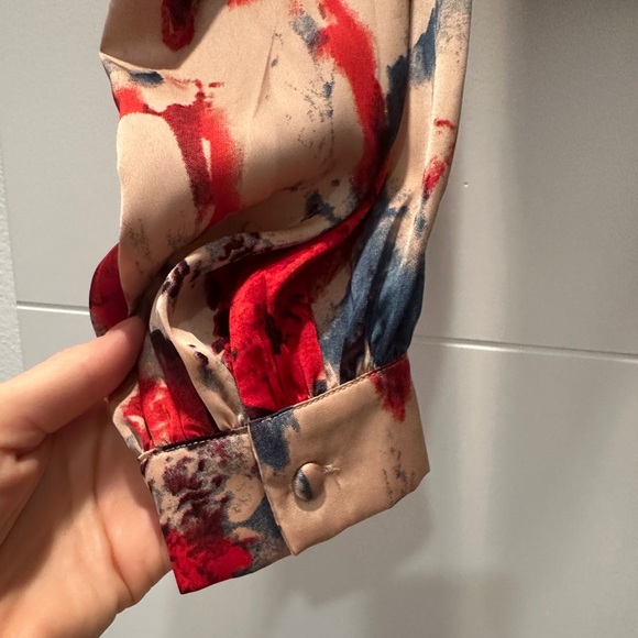 ACOA red & tan holiday dinner date cropped tie long sleeve blouse sexy NWT M - Picture 12 of 15